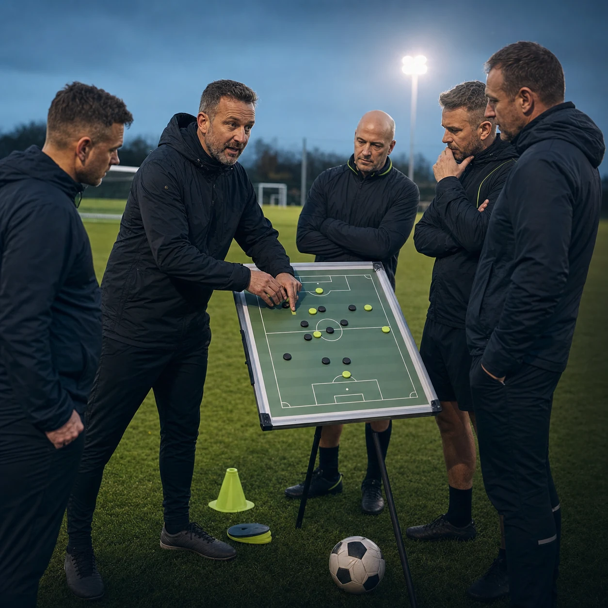 Adult football coaches discussing tactics under floodlights