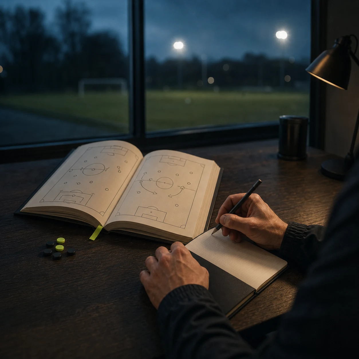 A football coach studying tactics and making notes beside a floodlit pitch