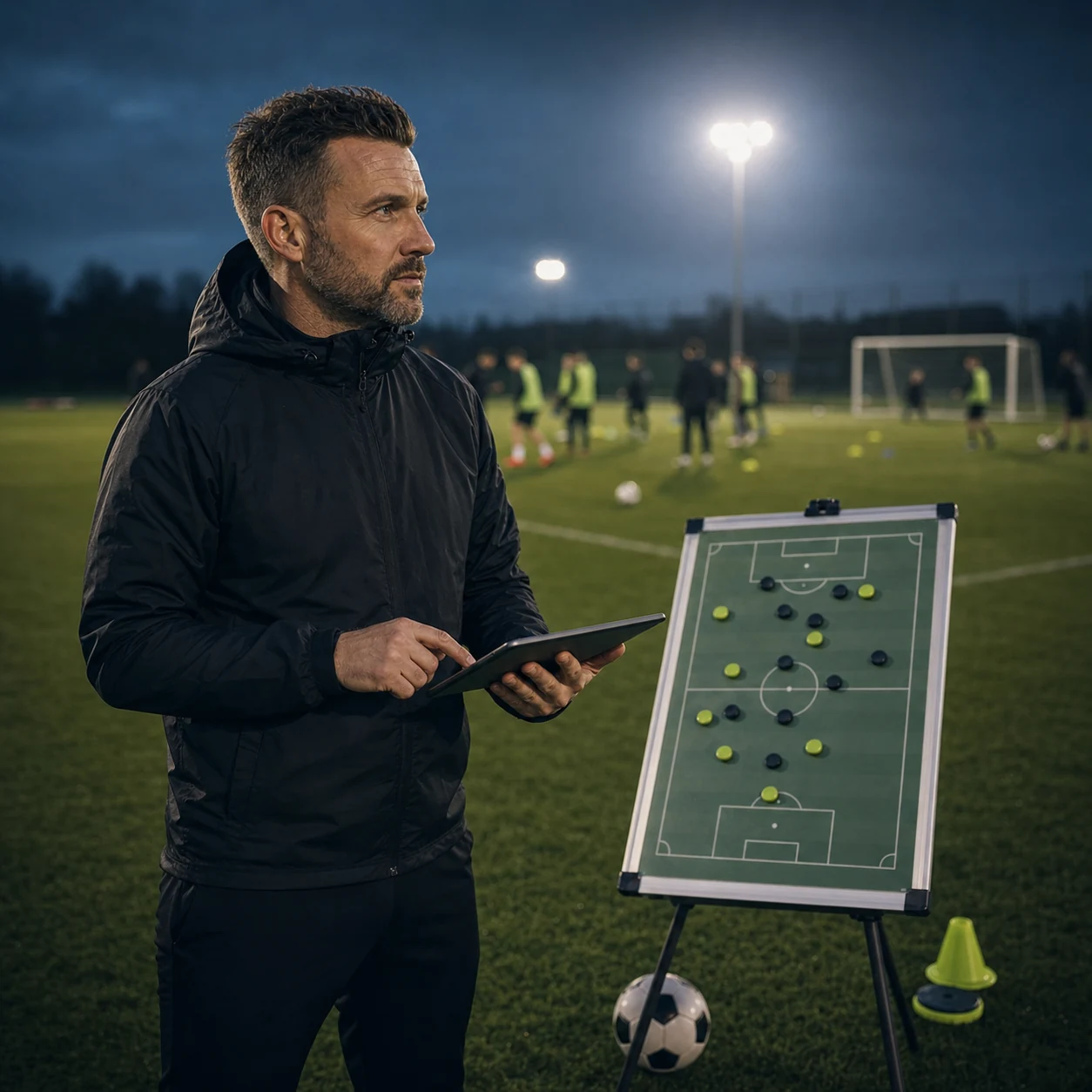 A football coach planning a training session beside a tactics board