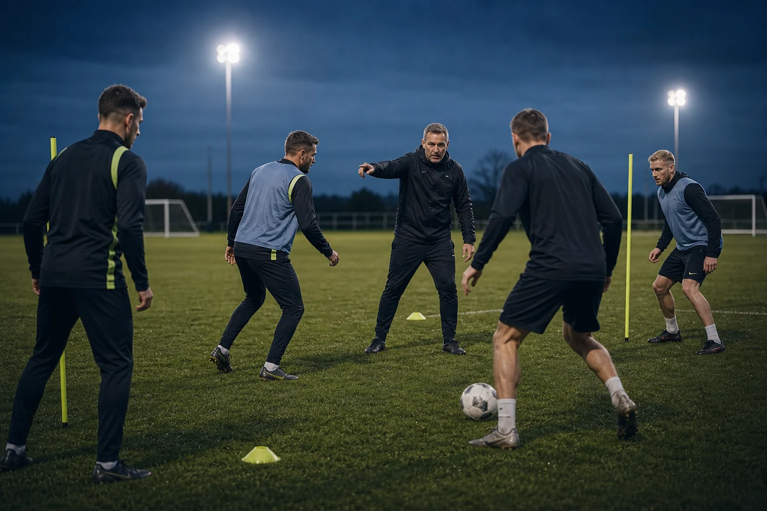 A football coach leading an advanced positional training practice
