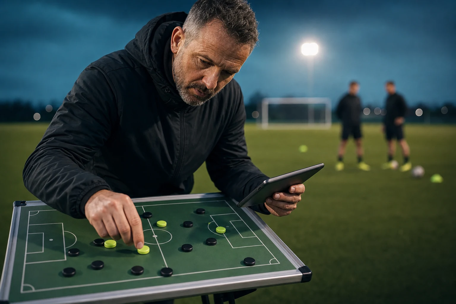 A football coach refining a tactical idea on a magnetic board