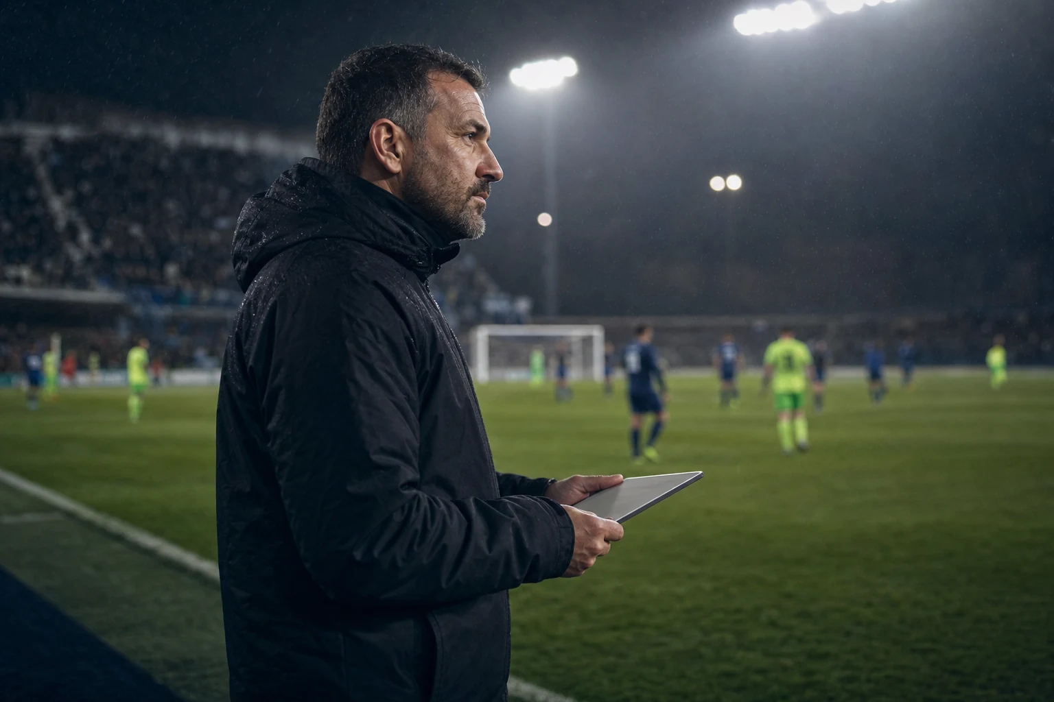 A football coach analysing an evening match from the touchline
