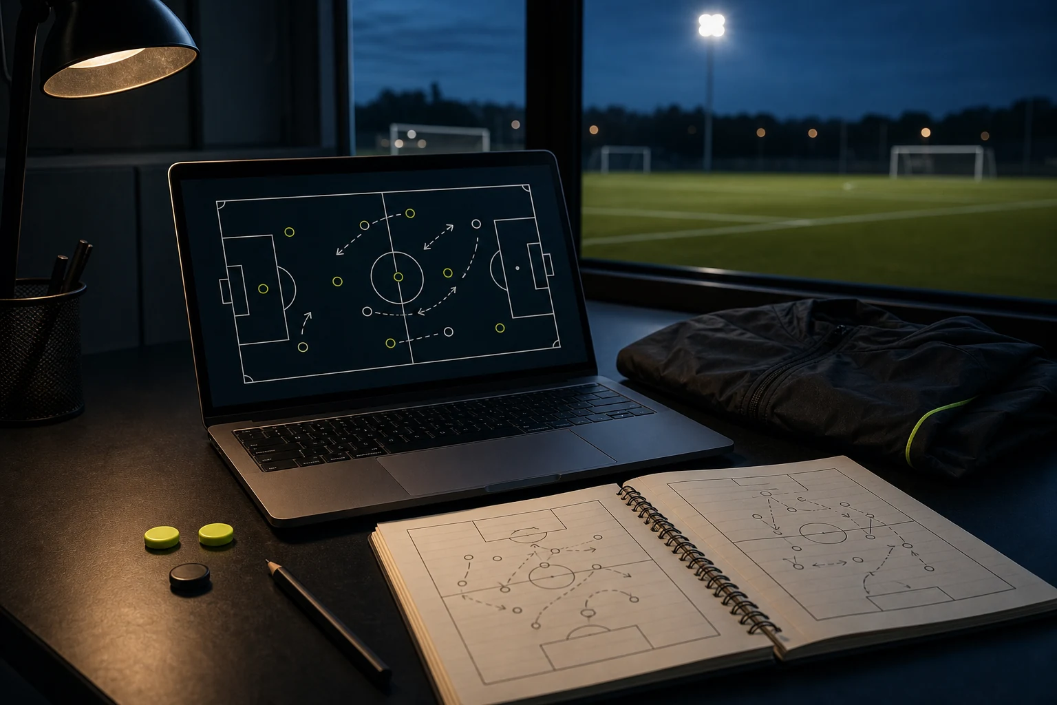 A football session-planning workspace overlooking a floodlit pitch